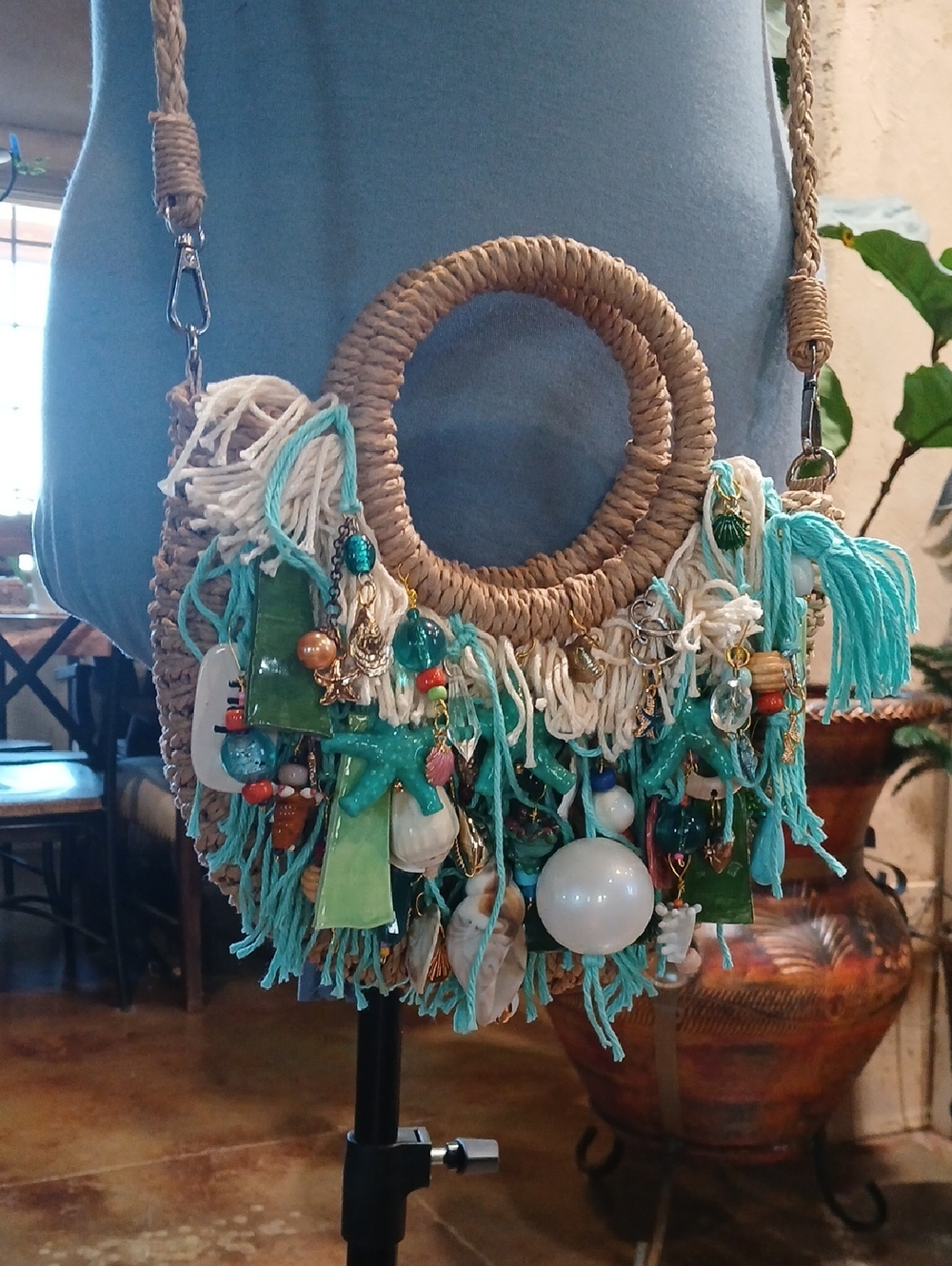Boho Turquoise Tassel & Shell Straw Handbag